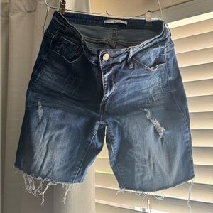 Distressed Mid-Length Denim Bermuda Shorts - Dark Blue